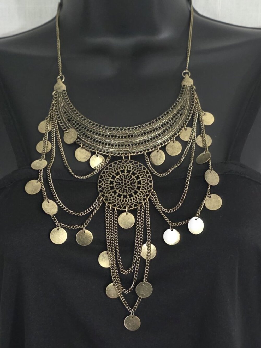 Boho Coin Statement Necklace Layered Chain Bib + Earrings Set